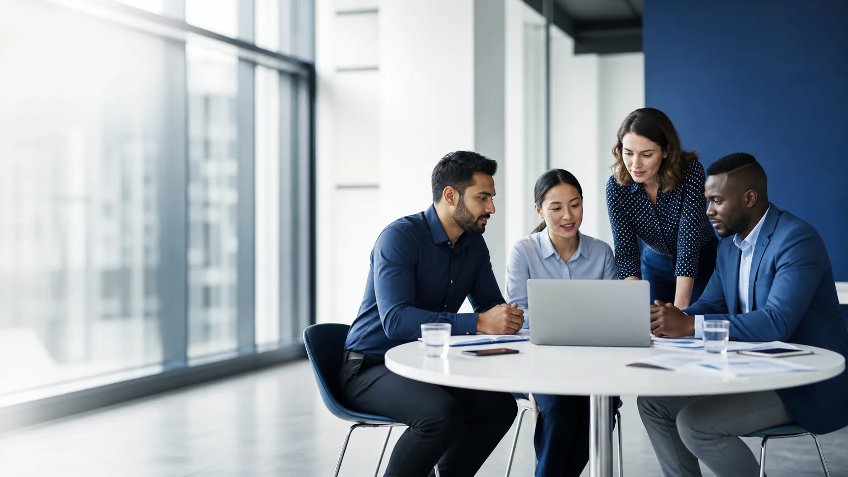 A global team collaborating around a laptop in a modern office